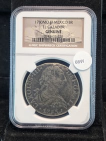 1773MO FF Mexico 8 Reals, El Cazador Graded by NGC as Genuine, Shipwreck Cetification
