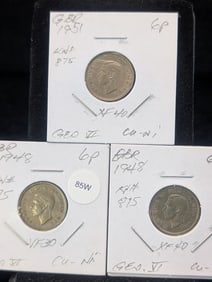 Two 1948 & One 1951 GR. Britt. Six Pence Coins C/N