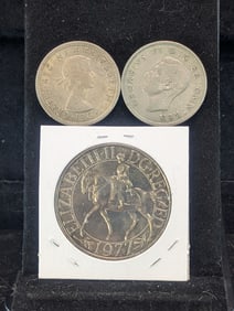 1977 Gr Britt 25 Pence, 1949 & 1966 Two Shillings Coins