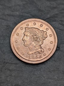 1855 Braided Hair Large Cent w/ Knob Ear **Great Details - TOUGH COIN - AU+** (Cleaned)