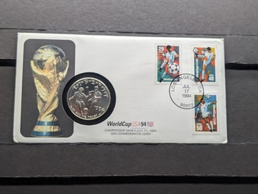 1994-D UNC World Cup USA Commem Silver Dollar w/ Day of Issue Stamps & COA