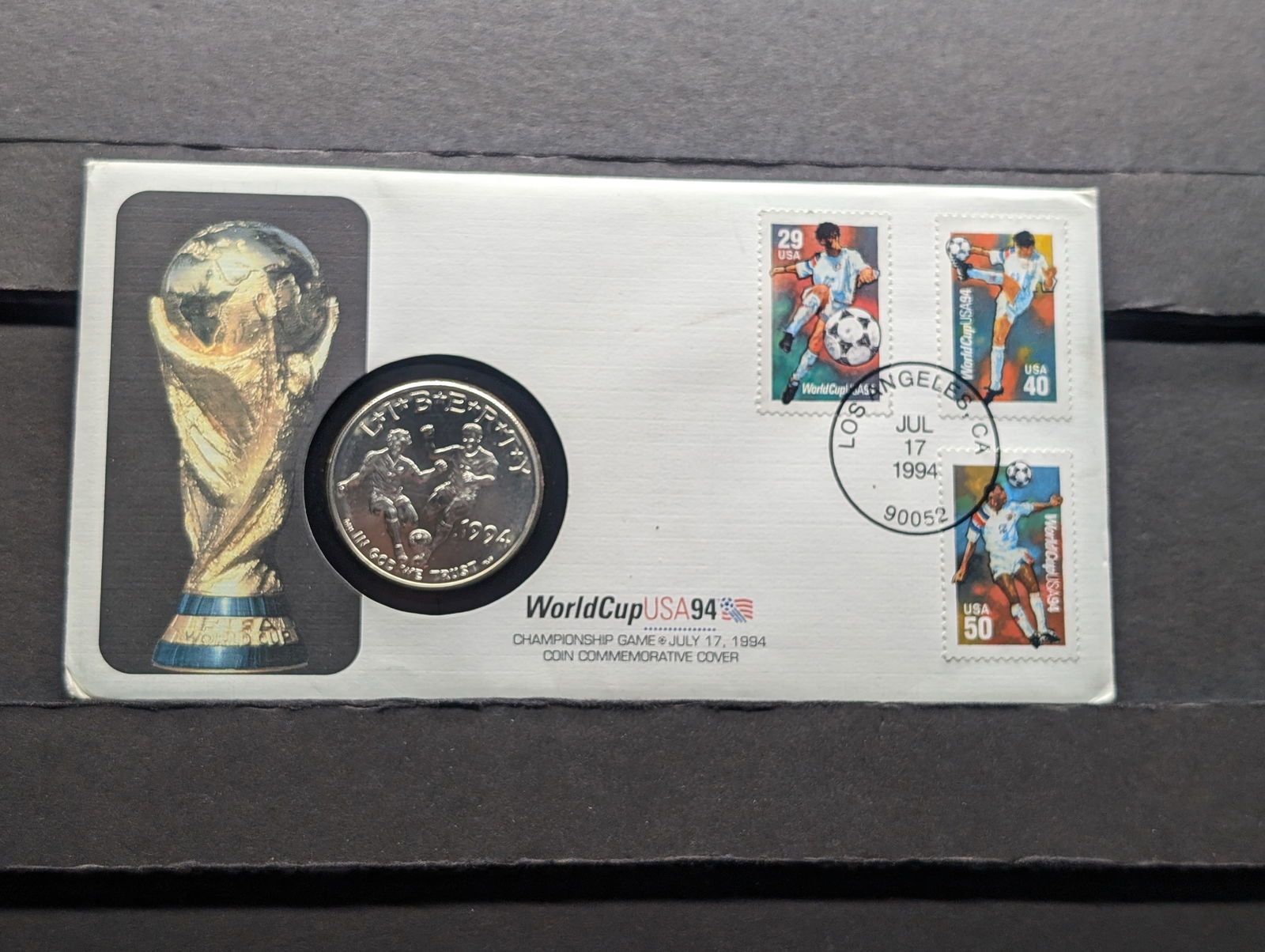 1994-D UNC World Cup USA Commem Silver Dollar w/ Day of Issue Stamps & COA (1 of 5)