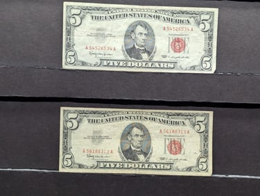 Lot of Two 1963 $5.00 RED SEAL Banknotes