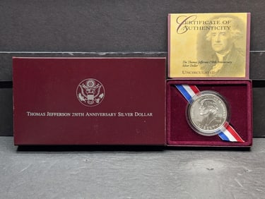 1993-P UNC Thomas Jefferson 250th Anniv. Commem Silver Dollar in OGP w/COA