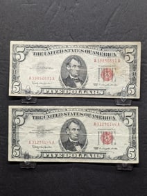 Lot of Two 1963 $5.00 RED SEAL Banknotes