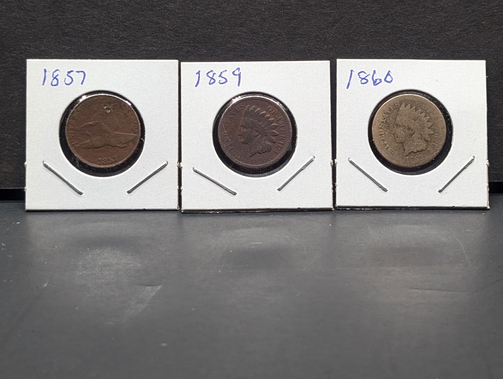 1857 Flying Eagle and 1859, 1860 Copper Nickel Indian Head Cents. Lower grades.? (1 of 4)
