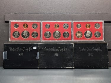 1980-S, 81-S, and 82-S Proof Sets. Original boxes. All have the SBA $1. GEM?