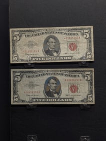 Lot of Two 1963 $5.00 RED SEAL Banknotes Including Star Note