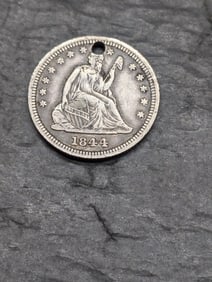 **VF+** w/ Drapery Seated Liberty Quarter (Holed)