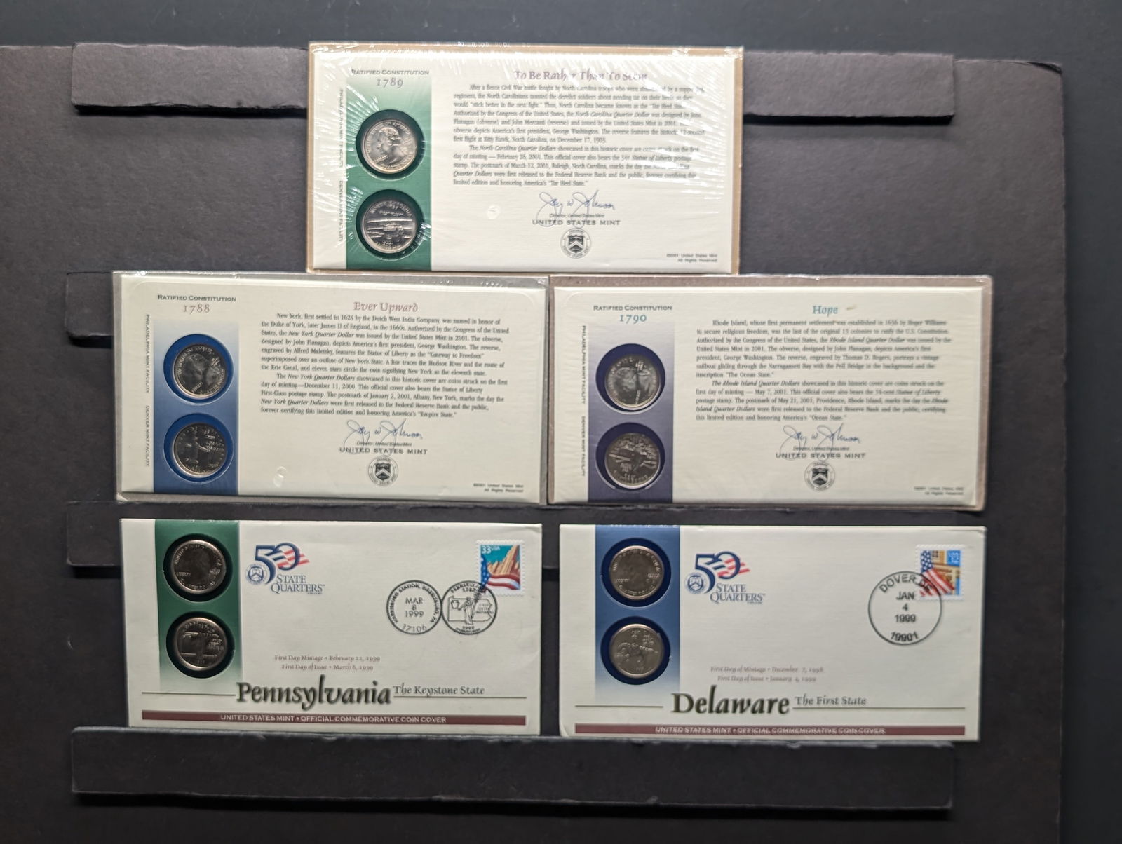 Lot of 5 Various Statehood Quarter Sets w/ First Day of Issue Stamps (P&D Mint) in OGP (1 of 15)