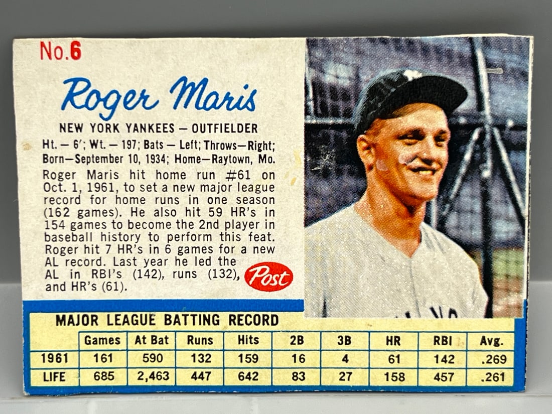 1962 Post Cereal Roger Maris #6 - Hand Cut (1 of 2)