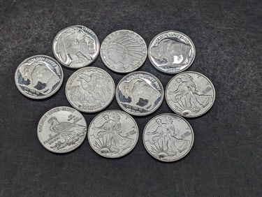 1/10th Oz. Each .999 FINE SILVER Various Designed Miniature Rounds (10 PCS)