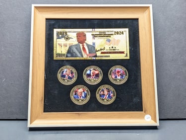 COOL. 2024 Donald Trump Framed Collection. Contains Gold Foiled Note and 5 Gold Plated Rounds, in