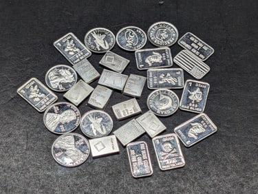 1 Gram Each .999 FINE SILVER Various Designed Miniature Art Bars (28 PCS)