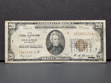 RARE 1929 Federal Reserve Bank of Minneapolis MN $20 National Currency Note. LOW SN 00335373