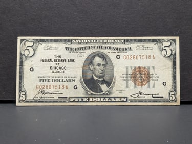 RARE 1929 Federal Reserve Bank of Chicago IL $5 National Currency Note.