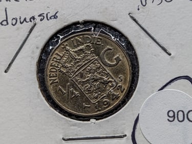 1942-S Netherland Indies 1/4 Gulden 72% Silver. UNC
