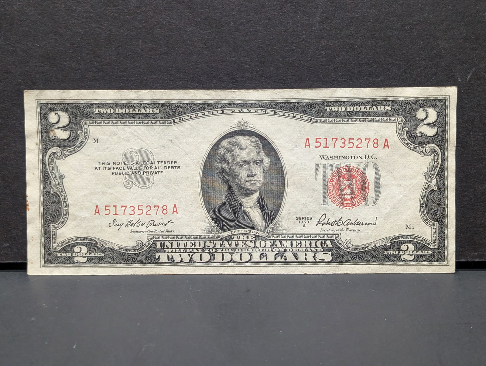 1953-A Red Seal $2 Note. NO FOLDS (1 of 3)
