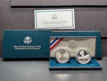 1999-P PROOF & UNC Yellowstone National Park Commem 2-Coin Silver Dollar Set in OGP w/ COA