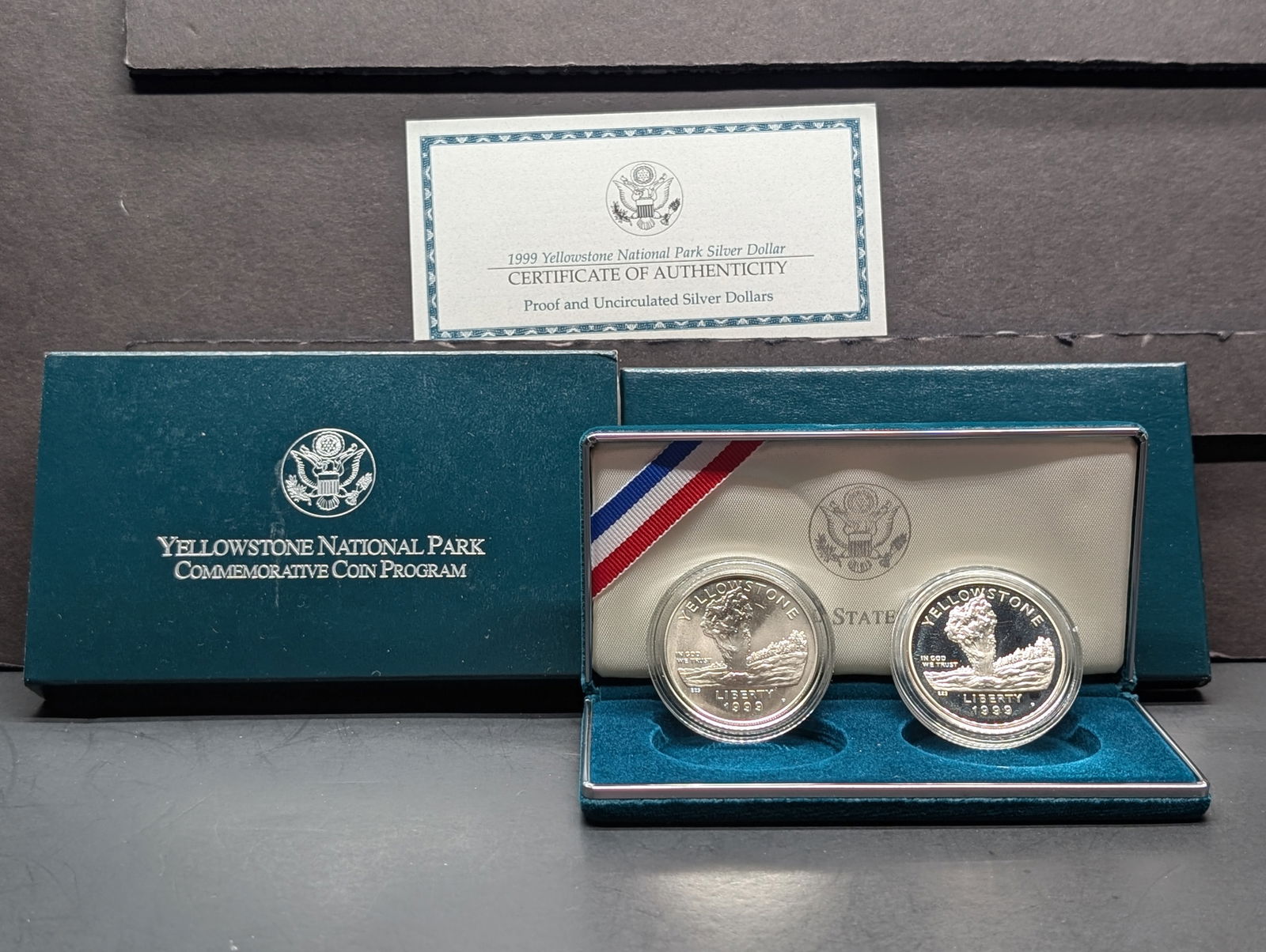 1999-P PROOF & UNC Yellowstone National Park Commem 2-Coin Silver Dollar Set in OGP w/ COA (1 of 4)