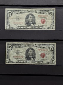 Lot of Two 1963 Series $5.00 RED SEAL Banknotes