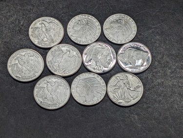 1/10th Oz. Each .999 FINE SILVER Various Designed Miniature Rounds (10 PCS)
