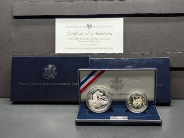 1991-1995-P&W PROOF WWII 50th Anniv. Commem 2-Coin Set in OGP w/ COA