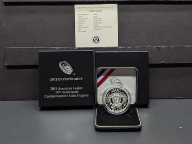 2019-P PROOF American Legion 100th Anniv. Commem Silver Dollar in OGP w/ COA