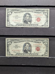 Lot of Two 1963 Series $5.00 RED SEAL Banknotes
