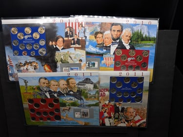 2010 P&D & 2011 P&D U.S. Mint Set Collection w/ Commem Stamps in Nice Display Cards (4 CARDS)