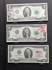 Three 1976 $2 bicentennial first day covers: Columbus Ohio, Norwood Ohio, and Holyoke Mass. All
