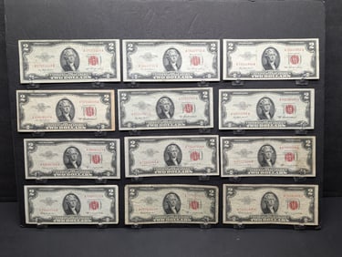 Twelve 1953 $2 USA Red Seal Notes: 3- 1953, 3-53A, 3-53B. and 3 53C.?
