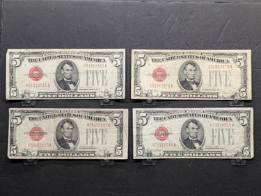 Four 1928 $5 US Red Seal Notes: two 1928E and two 1928F. Nice circulated.?
