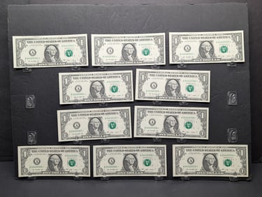 Ten consecutive serial number $1 Federal Reserve Notes. All 2009 Boston STAR replacement notes. GEM