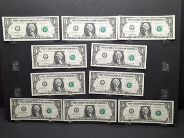 Ten consecutive serial number $1 Federal Reserve Notes. All 2013 Dallas STAR replacement notes. GEM