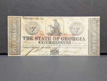 1862 $5 from Milledgeville GA. Early Civil War Note. GEM Crisp. As good as they get?