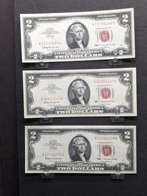 Lot of Three 1963 Series $2.00 RED SEAL Banknotes *VF*