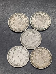 Lot of Five 1883 No Cents Liberty Head V-Nickels