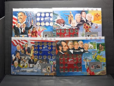 2008 P&D & 2009 P&D U.S. Mint Set Collection w/ Commem Stamps in Nice Display Cards (4 CARDS)