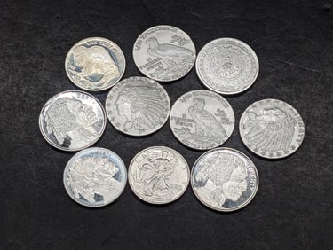 1/10th Oz. Each .999 FINE SILVER Various Designed Miniature Rounds (10 PCS)