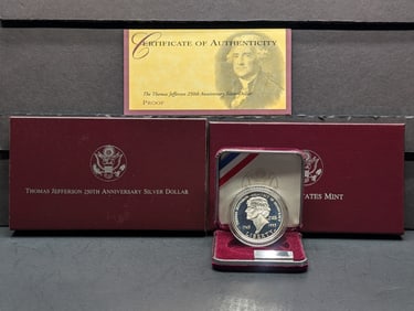 1993-S PROOF Thomas Jefferson 250th Anniv. Commem Silver Dollar in OGP w/ COA