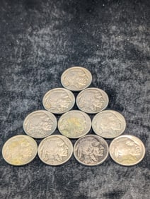 10 Buffalo Nickels Mixed Dates, Low Grade