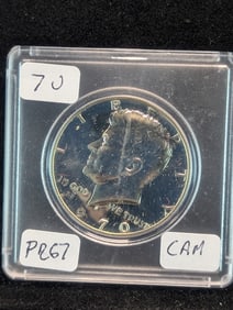 1970-S Gem Cameo Proof Silver Kennedy Half Dollar. Superb mirror finish. Valued at $25 on