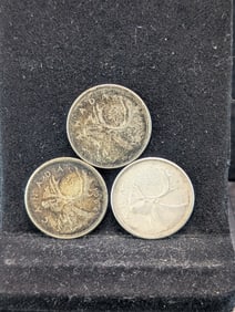 (3 Coins) Two 1964 & One 1965 Silver Canadian Quarters - 80% Silver