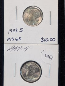 Two Silver Very Early Semi-Key Roosevelt Dimes, 1947-S MS & 1948-S MS