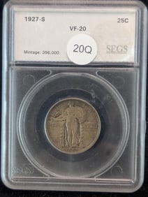 1927-S Silver Key Date Standing Liberty Quarter, SEGS Certified VF-20