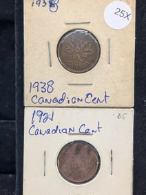 (2 Coins) 1921 & 1938 Canadian One Cent Coins