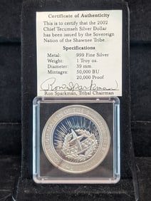 2002 Proof Silver Dollar - Chief Tecumseh -1 Troy oz. with COA