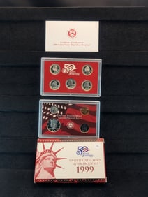 1999-S U.S. SILVER Proof Set, Key Date, First Year for the State Quarters - Seven 90% Silver Coins,