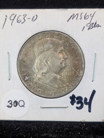 1963-D Silver Franklin Half Dollar In MS With Full Bell Lines